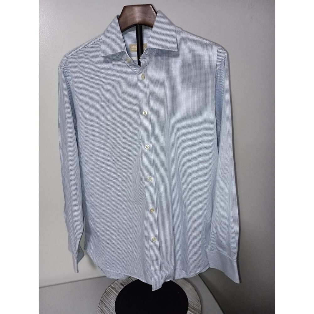 MICHAEL KORS, White with Blue Stripe Check Long-Sleeve Button-Up, Men's Size M